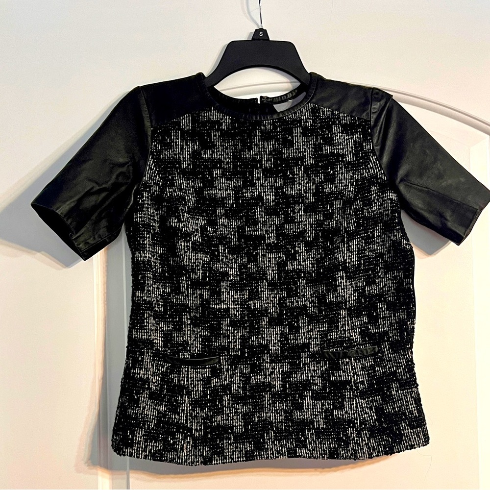 CLASSIQUES ENTIER US XS Black Leather + Wool Tweed Top Short‎ Sleeves
